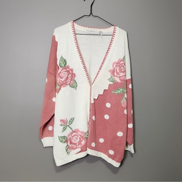 Vintage Rose Floral Cotton Ramie Maggie Lawrence Oversized Sweater Cardigan L XL - Picture 9 of 9